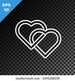 White line Two Linked Hearts icon isolated on transparent dark background. Romantic symbol linked, join, passion and wedding. Valentine day symbol.  Vector Illustration