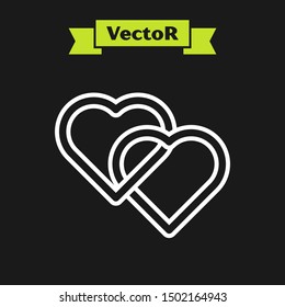 White line Two Linked Hearts icon isolated on black background. Romantic symbol linked, join, passion and wedding. Valentine day symbol.  Vector Illustration