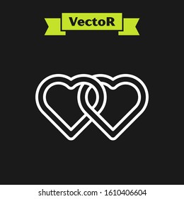 White line Two Linked Hearts icon isolated on black background. Romantic symbol linked, join, passion and wedding. Valentine day.  Vector Illustration