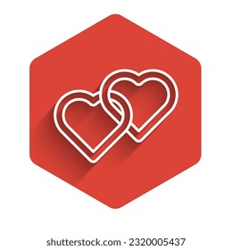 White line Two Linked Hearts icon isolated with long shadow. Romantic symbol linked, join, passion and wedding. Happy Women Day. Red hexagon button. Vector Illustration