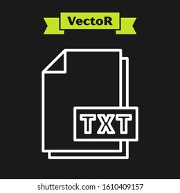 White line TXT file document. Download txt button icon isolated on black background. Text file extension symbol.  Vector Illustration