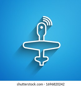 White line UAV Drone icon isolated on blue background. Military Unmanned aircraft spy. Long shadow. Vector Illustration
