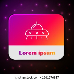 White line UFO flying spaceship icon isolated on black background. Flying saucer. Alien space ship. Futuristic unknown flying object. Rectangle color button. Vector Illustration