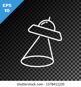 White line UFO flying spaceship icon isolated on transparent dark background. Flying saucer. Alien space ship. Futuristic unknown flying object.  Vector Illustration