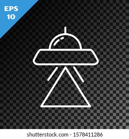 White line UFO flying spaceship icon isolated on transparent dark background. Flying saucer. Alien space ship. Futuristic unknown flying object.  Vector Illustration
