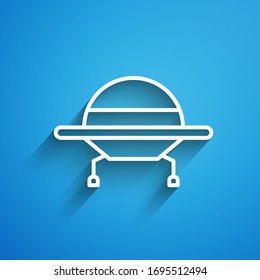 White line UFO flying spaceship icon isolated on blue background. Flying saucer. Alien space ship. Futuristic unknown flying object. Long shadow. Vector Illustration