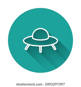 White line UFO flying spaceship icon isolated with long shadow background. Flying saucer. Alien space ship. Futuristic unknown flying object. Green circle button. Vector