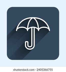 White line Umbrella icon isolated with long shadow background. Insurance concept. Waterproof icon. Protection, safety, security concept. Blue square button. Vector
