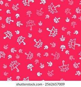 White line Umbrella and rain drops icon isolated seamless pattern on red background. Waterproof icon. Protection, safety, security concept. Water resistant symbol.  Vector