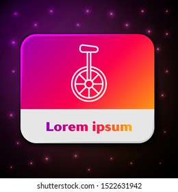 White line Unicycle or one wheel bicycle icon isolated on black background. Monowheel bicycle. Rectangle color button. Vector Illustration