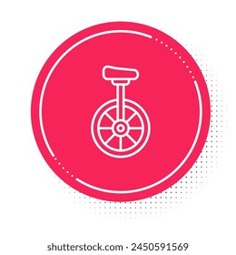 White line Unicycle or one wheel bicycle icon isolated on white background. Monowheel bicycle. Red circle button. Vector