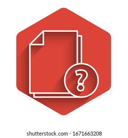 White line Unknown document icon isolated with long shadow. File with Question mark. Hold report, service and global search sign. Red hexagon button. Vector Illustration