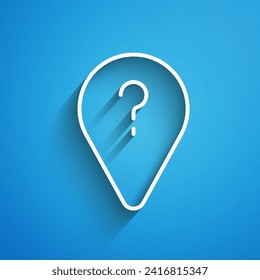 White line Unknown route point icon isolated on blue background. Navigation, pointer, location, map, gps, direction, search concept. Long shadow. Vector