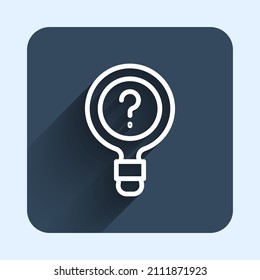 White line Unknown search icon isolated with long shadow background. Magnifying glass and question mark. Blue square button. Vector
