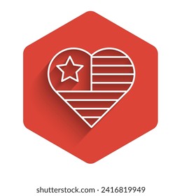White line USA Independence day icon isolated with long shadow. 4th of July. United States of America country. Red hexagon button. Vector