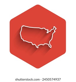 White line USA map icon isolated with long shadow background. Map of the United States of America. Red hexagon button. Vector