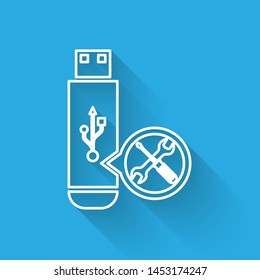 White line USB flash drive with screwdriver and wrench icon isolated with long shadow. Adjusting, service, setting, maintenance, repair, fixing.  Vector Illustration