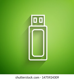 White line USB flash drive icon isolated on green background.  Vector Illustration