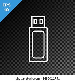 White line USB flash drive icon isolated on transparent dark background.  Vector Illustration