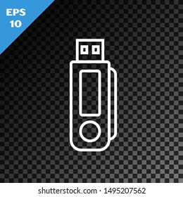 White line USB flash drive icon isolated on transparent dark background.  Vector Illustration