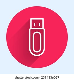 White line USB flash drive icon isolated with long shadow background. Red circle button. Vector