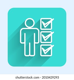 White line User of man in business suit icon isolated with long shadow. Business avatar symbol user profile icon. Male user sign. Green square button. Vector