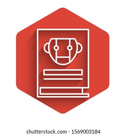White line User manual icon isolated with long shadow. User guide book. Instruction sign. Read before use. Red hexagon button. Vector Illustration