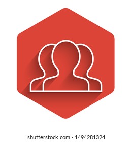 White line Users group icon isolated with long shadow. Group of people icon. Business avatar symbol - users profile icon. Red hexagon button. Vector Illustration
