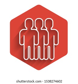 White line Users group icon isolated with long shadow. Group of people icon. Business avatar symbol - users profile icon. Red hexagon button. Vector Illustration