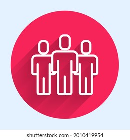 White line Users group icon isolated with long shadow. Group of people icon. Business avatar symbol - users profile icon. Red circle button. Vector