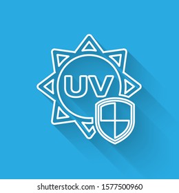 White line UV protection icon isolated with long shadow. Sun and shield. Ultra violet rays radiation. SPF sun sign.  Vector Illustration