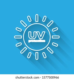 White line UV protection icon isolated with long shadow. Ultra violet rays radiation. SPF sun sign.  Vector Illustration