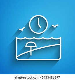 White line Vacation time icon isolated on blue background. Long shadow. Vector