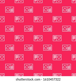 White line Valentines day flyer with heart icon isolated seamless pattern on red background. Celebration poster template for invitation or greeting card.  Vector Illustration