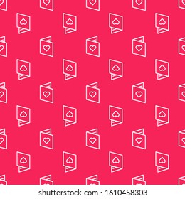 White line Valentines day flyer with heart icon isolated seamless pattern on red background. Celebration poster template for invitation or greeting card.  Vector Illustration