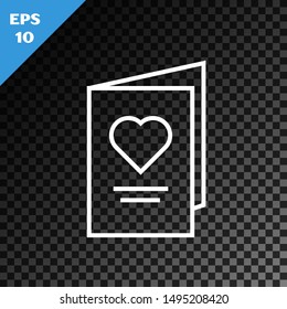 White line Valentines day party flyer with heart icon isolated on transparent dark background. Celebration poster template for invitation or greeting card.  Vector Illustration