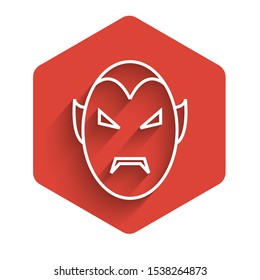 White line Vampire icon isolated with long shadow. Happy Halloween party. Red hexagon button. Vector Illustration
