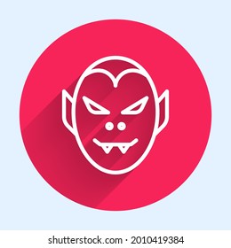 Icono de la línea blanca Vampiro aislado con una sombra larga. Feliz fiesta de Halloween. Botón de círculo rojo. Vector