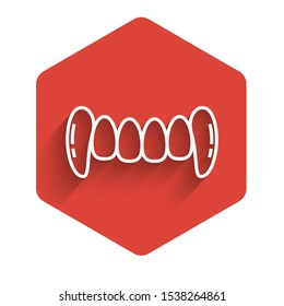 White line Vampire teeth icon isolated with long shadow. Happy Halloween party. Red hexagon button. Vector Illustration