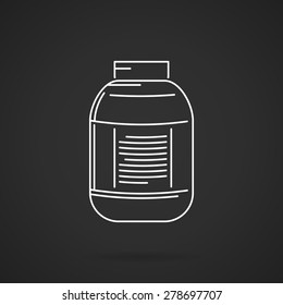 White line vector icon for plastic jar with label on black background. 