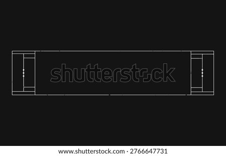 White line vector illustration of black cricket field markings with posts, stumps, creases on dark transparent background