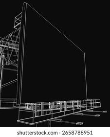 A white line vector illustration of an outdoor billboard outline on a black background, featuring a clean and simple design. This editable template is ideal for advertising concepts or urban signage.