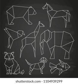 White line vector polygonal wild animals, fish and bird on blackboard. Linear dog and bear, elephant and giraffe illustration