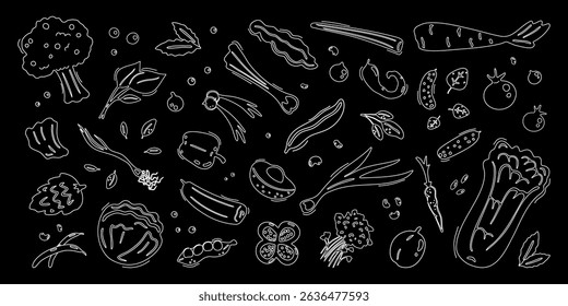 White line vegetables drawings. Set with cabbages, broccoli and other veggies, symbols and stickers. Graphic chalk design elements, healthy food signs. Vector illustration.