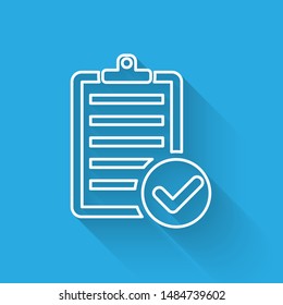 White line Verification of delivery list clipboard and pen icon isolated with long shadow.  Vector Illustration