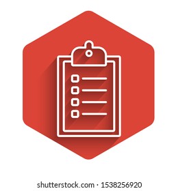 White line Verification of delivery list clipboard icon isolated with long shadow. Red hexagon button. Vector Illustration