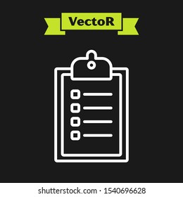 White line Verification of delivery list clipboard icon isolated on black background.  Vector Illustration