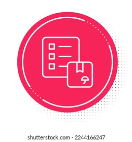 White line Verification of delivery list clipboard icon isolated on white background. Red circle button. Vector