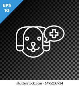 White line Veterinary clinic symbol icon isolated on transparent dark background. Cross with dog veterinary care. Pet First Aid sign.  Vector Illustration
