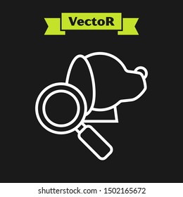 White line Veterinary clinic symbol icon isolated on black background. Magnifying glass with dog veterinary care. Pet First Aid sign.  Vector Illustration